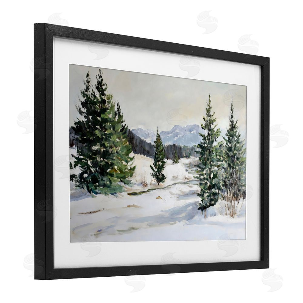 Petal Prints Design Winter Forest Frosty Hills Black Framed Print Under Glass with White Mat Wall Art