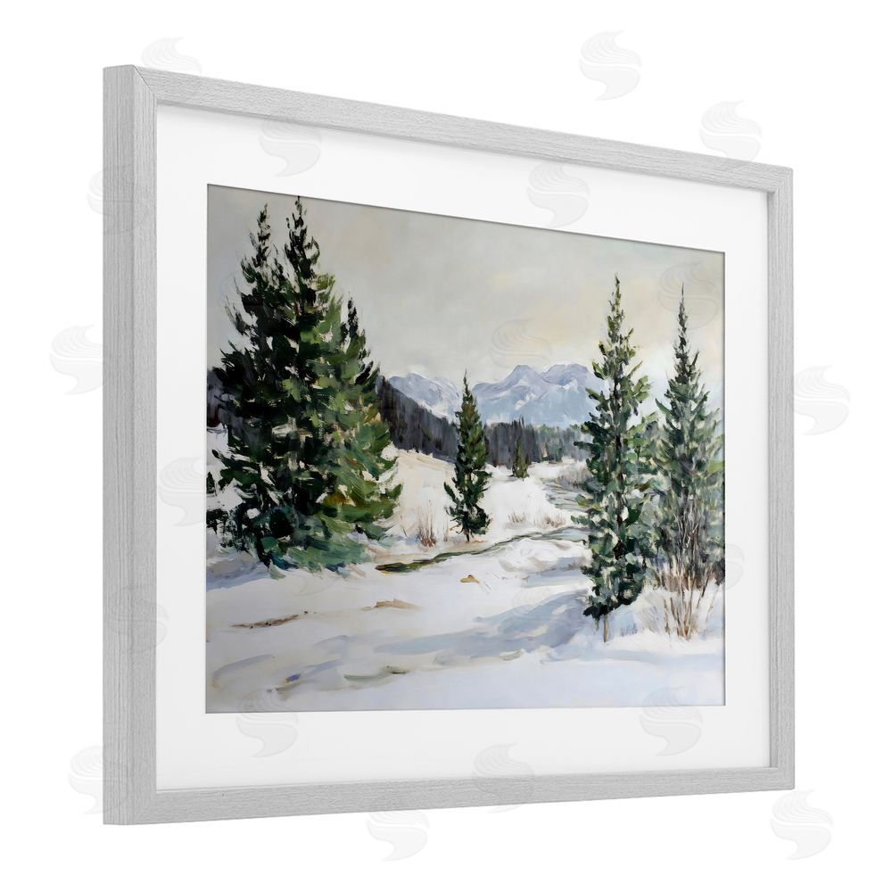 Petal Prints Design Winter Forest Frosty Hills Gray Framed Print Under Glass with White Mat Wall Art