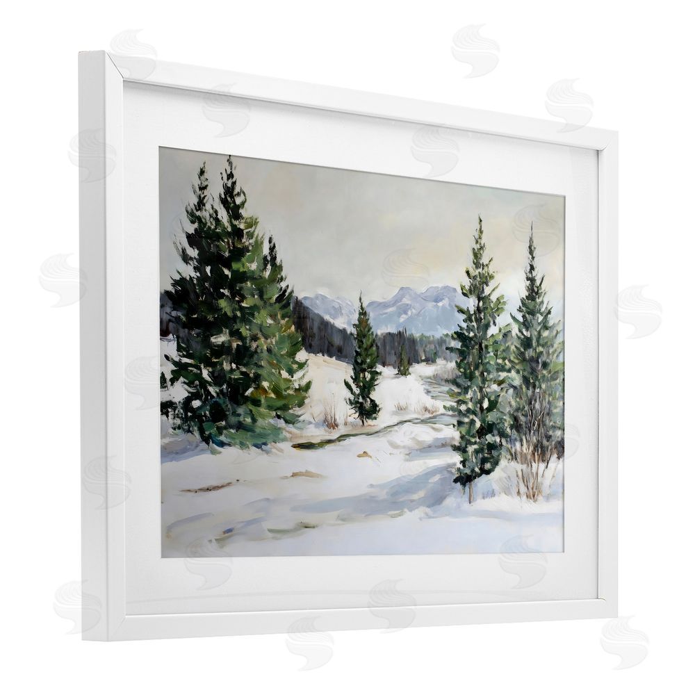 Petal Prints Design Winter Forest Frosty Hills White Framed Print Under Glass with Mat Wall Art