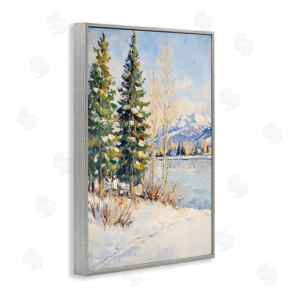 Petal Prints Design Snowy Winter Lakeside Gray Framed Giclee Wall Art Print
