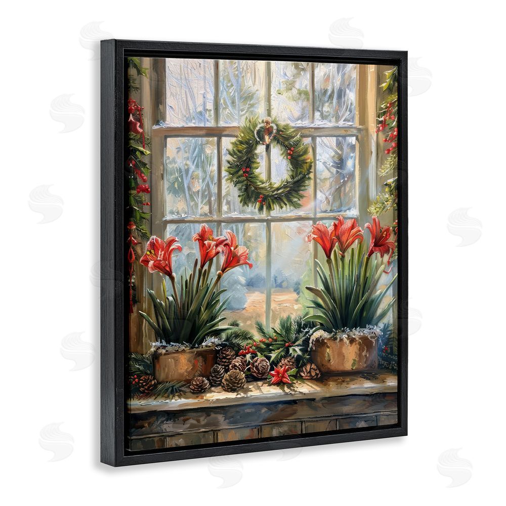 Petal Prints Design Planted Amaryllis Window View Black Floating Frame Canvas Wall Art Print