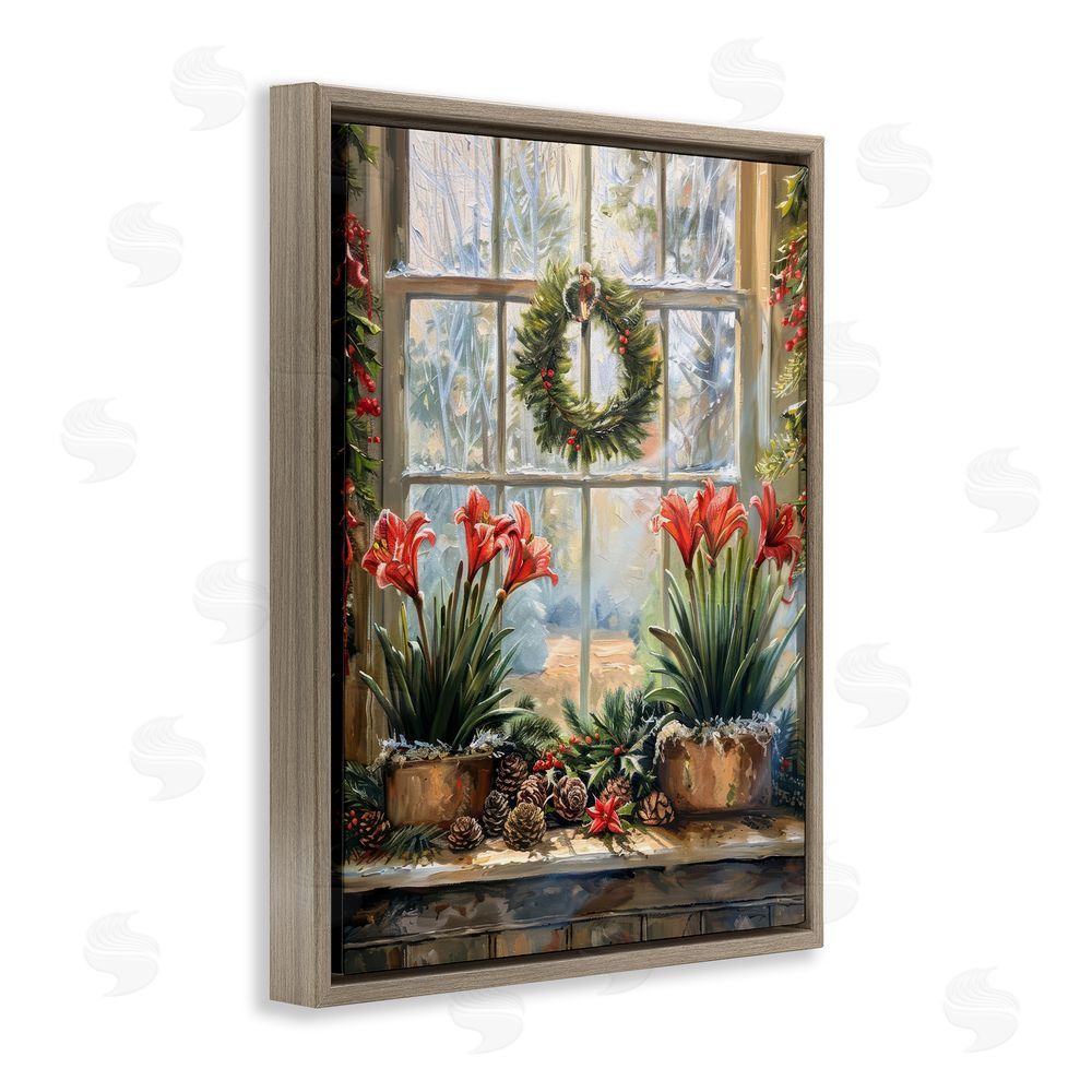 Petal Prints Design Planted Amaryllis Window View Brown Floating Frame Canvas Wall Art Print