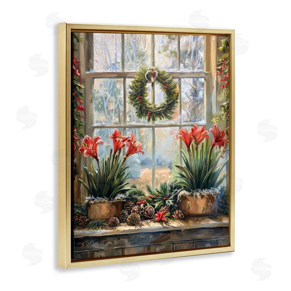 Petal Prints Design Planted Amaryllis Window View Gold Floating Frame Canvas Wall Art Print