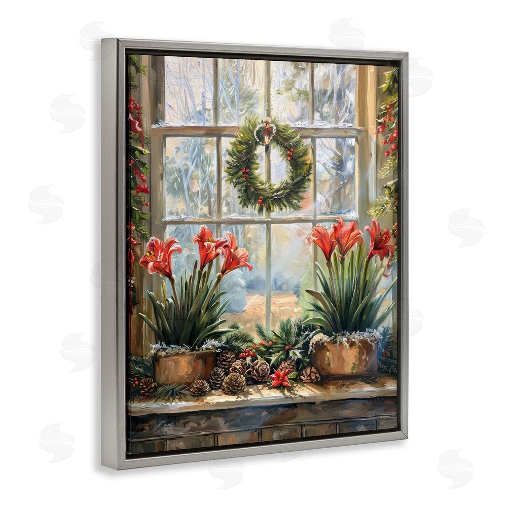 Petal Prints Design Planted Amaryllis Window View Gray Floating Frame Canvas Wall Art Print