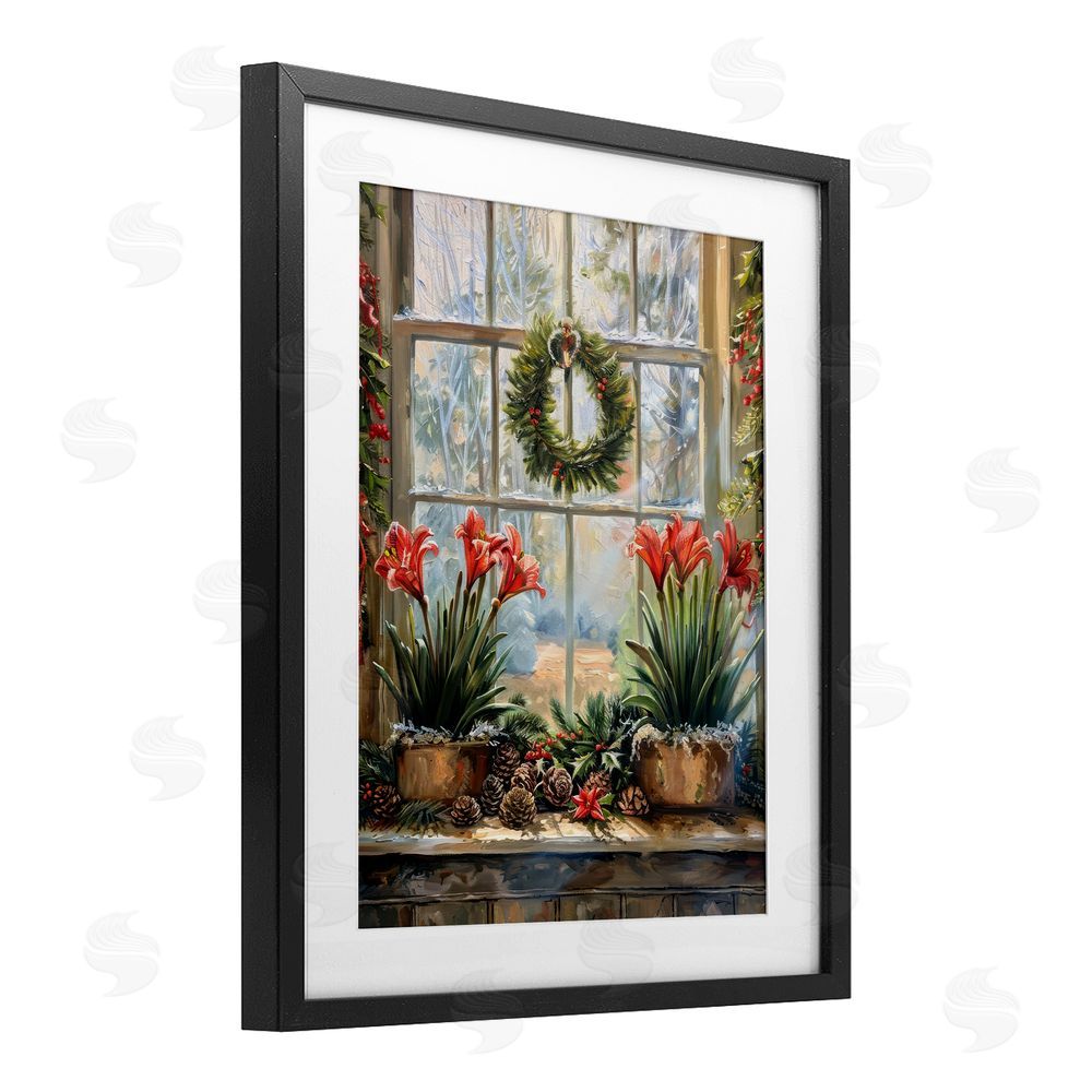 Petal Prints Design Planted Amaryllis Window View Black Framed Print Under Glass with White Mat Wall Art