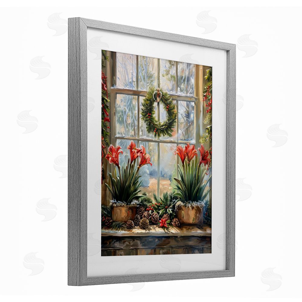 Petal Prints Design Planted Amaryllis Window View Gray Framed Print Under Glass with White Mat Wall Art