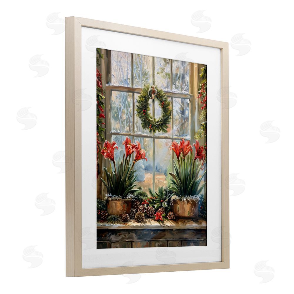 Petal Prints Design Planted Amaryllis Window View Birch Framed Print Under Glass with White Mat Wall Art