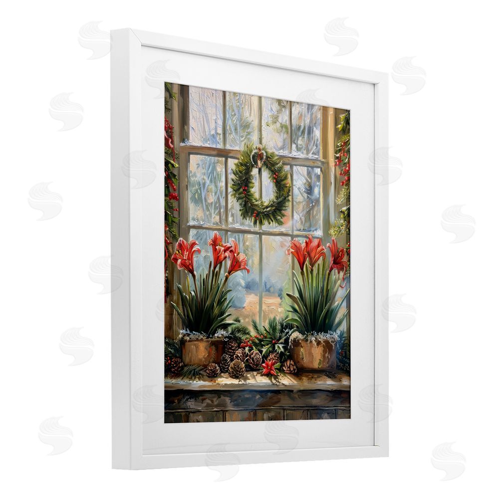 Petal Prints Design Planted Amaryllis Window View White Framed Print Under Glass with Mat Wall Art