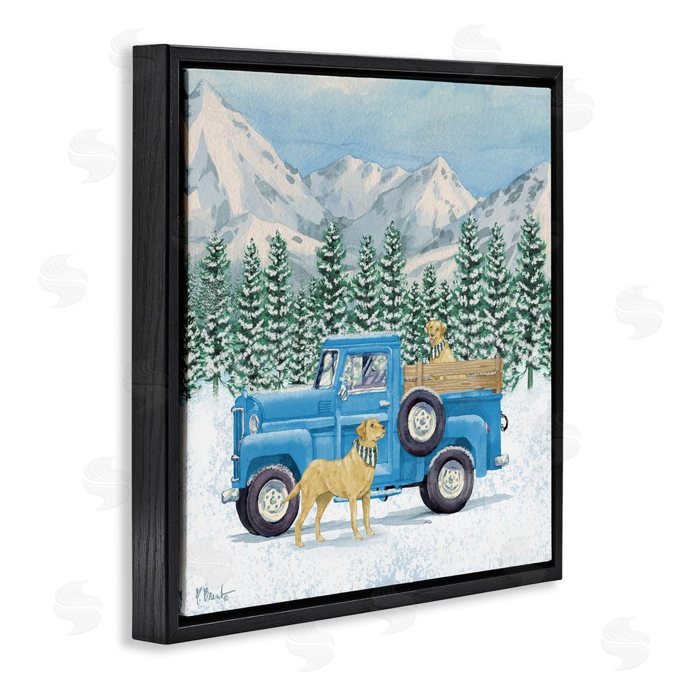 Paul Brent Winter Pups & Truck Black Floating Frame Canvas Wall Art Print
