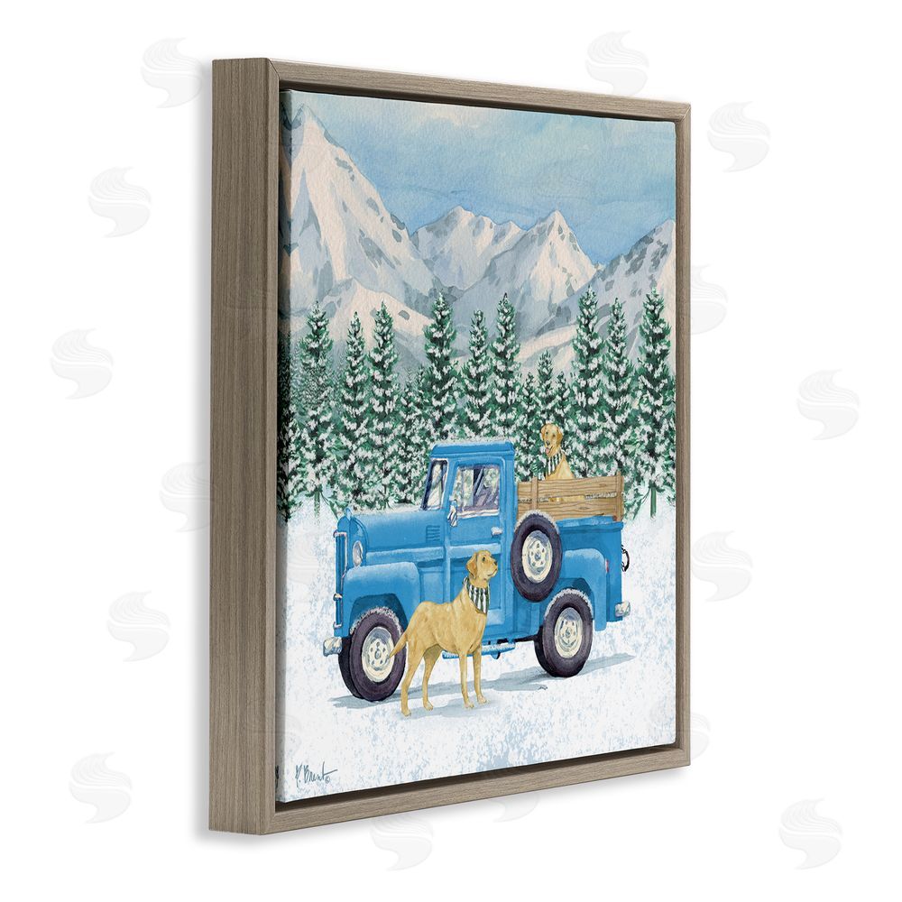 Paul Brent Winter Pups & Truck Brown Floating Frame Canvas Wall Art Print