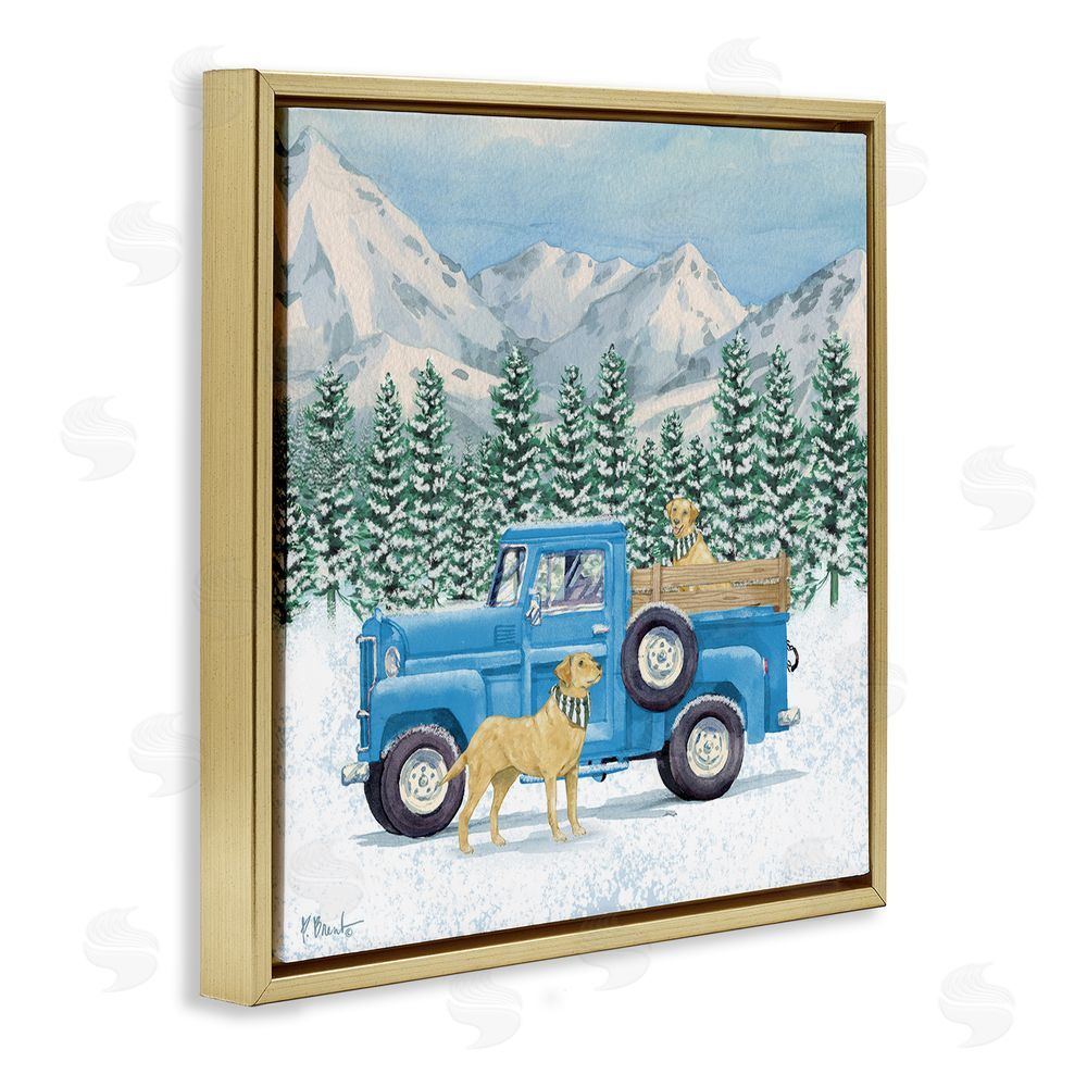 Paul Brent Winter Pups & Truck Gold Floating Frame Canvas Wall Art Print