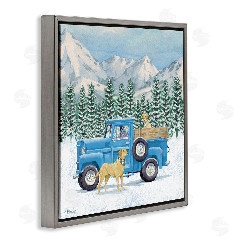 Paul Brent Winter Pups & Truck Gray Floating Frame Canvas Wall Art Print