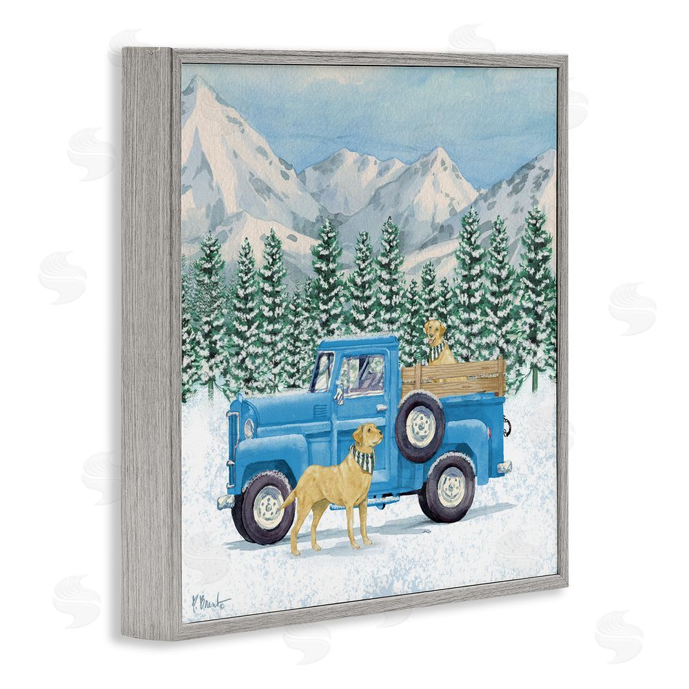 Paul Brent Winter Pups & Truck Gray Framed Giclee Wall Art Print