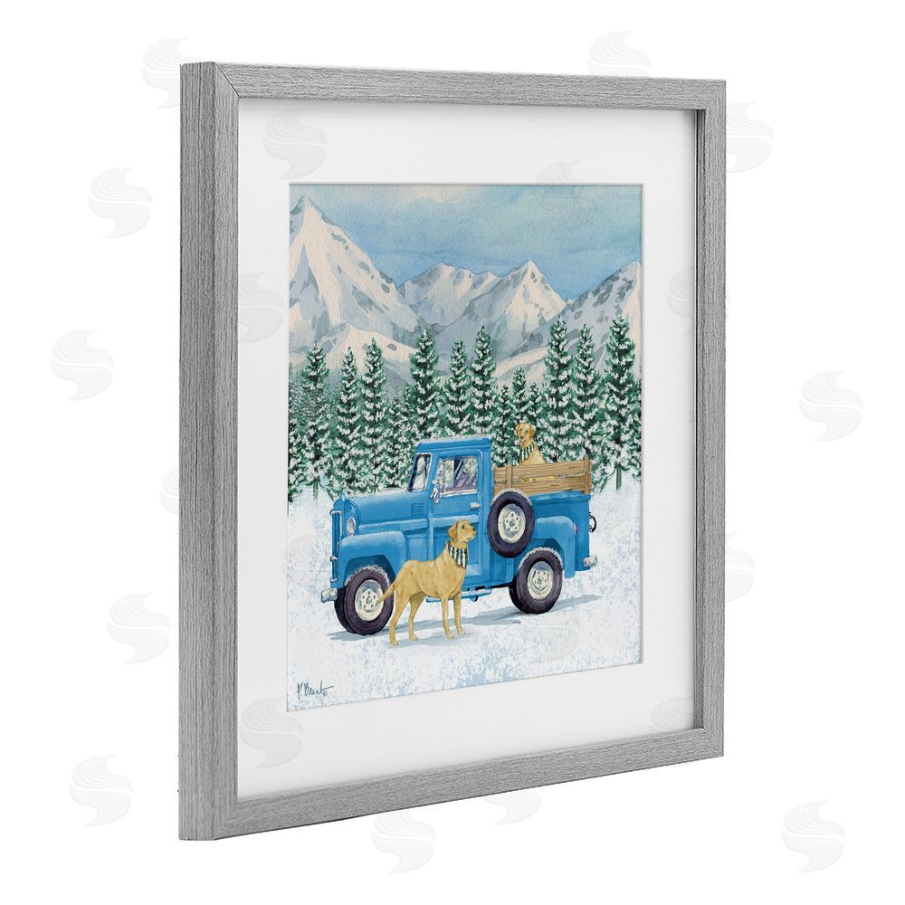Paul Brent Winter Pups & Truck Gray Framed Print Under Glass with White Mat Wall Art