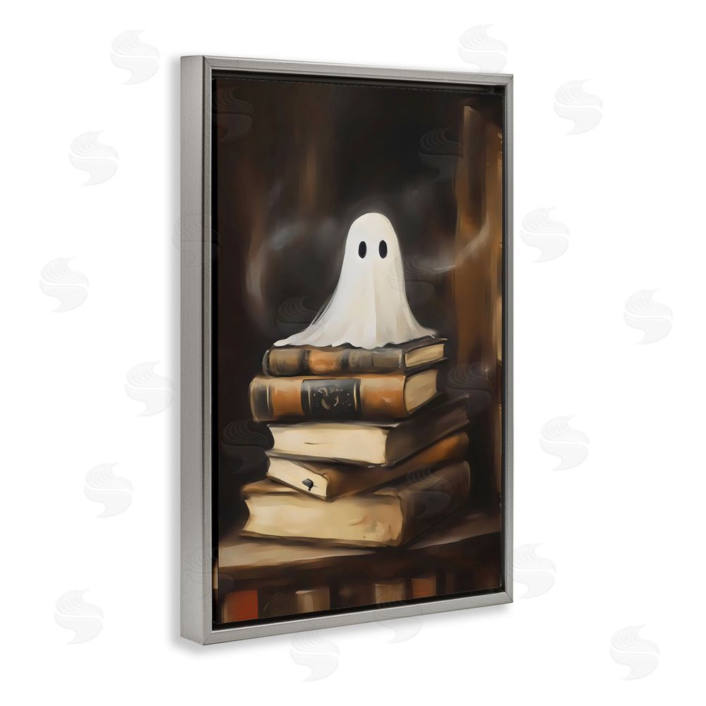 Arlington Prints Ghost on Book Stack  Gray Floating Frame Canvas Wall Art Print