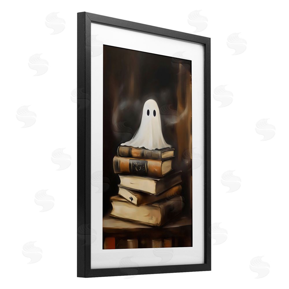 Arlington Prints Ghost on Book Stack  Black Framed Print Under Glass with White Mat Wall Art