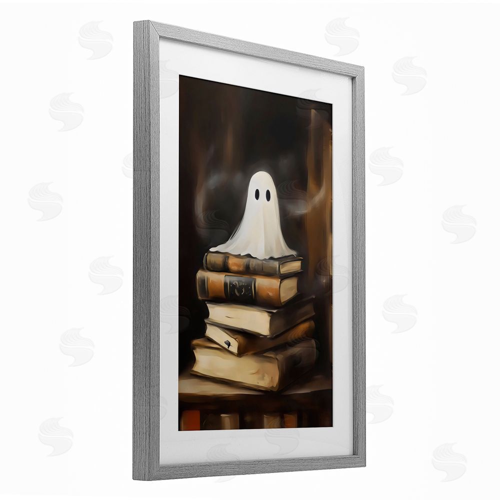 Arlington Prints Ghost on Book Stack  Gray Framed Print Under Glass with White Mat Wall Art