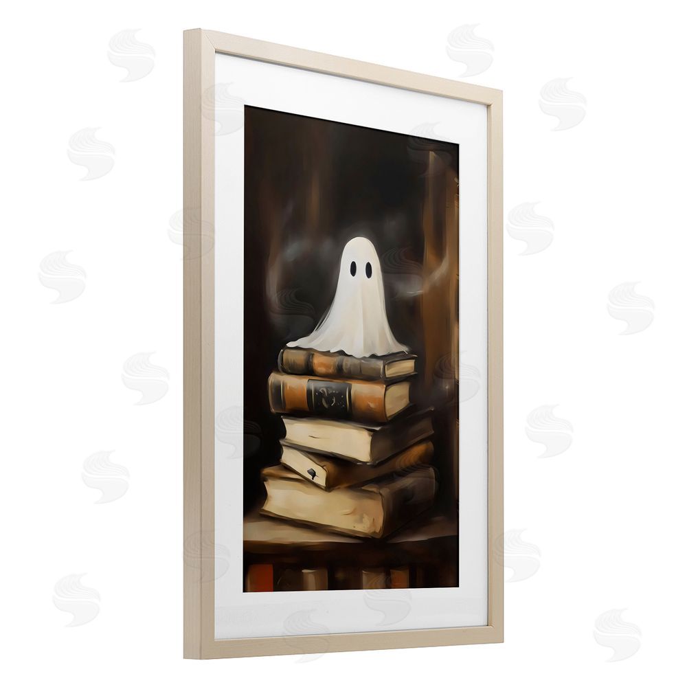 Arlington Prints Ghost on Book Stack  Birch Framed Print Under Glass with White Mat Wall Art