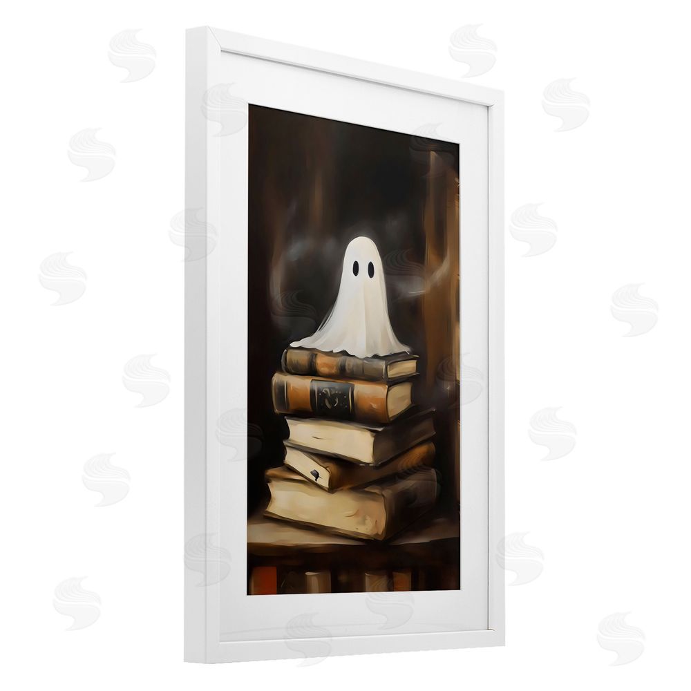 Arlington Prints Ghost on Book Stack  White Framed Print Under Glass with Mat Wall Art
