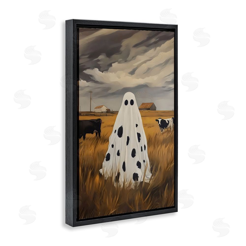 Arlington Prints Cow Ghost in Farmland Black Floating Frame Canvas Wall Art Print