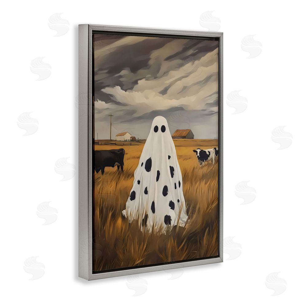 Arlington Prints Cow Ghost in Farmland Gray Floating Frame Canvas Wall Art Print