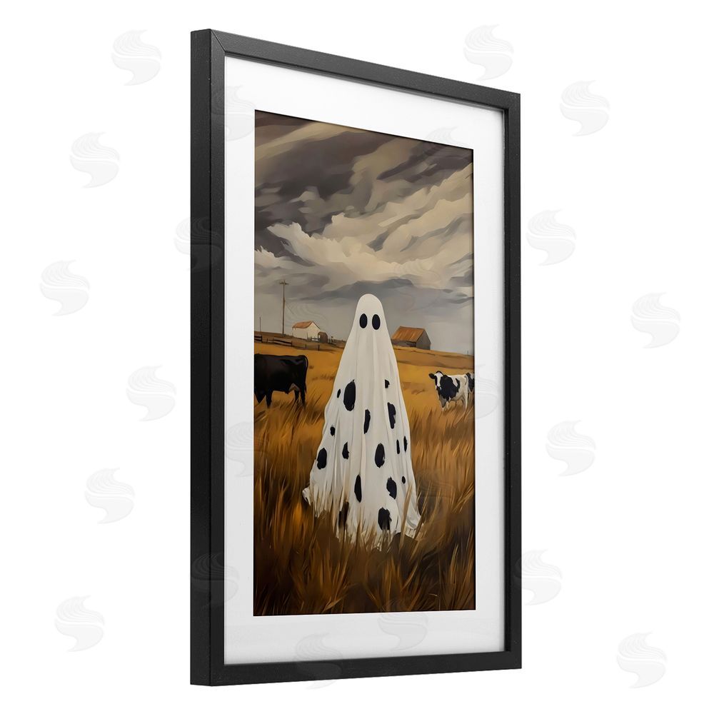 Arlington Prints Cow Ghost in Farmland Black Framed Print Under Glass with White Mat Wall Art