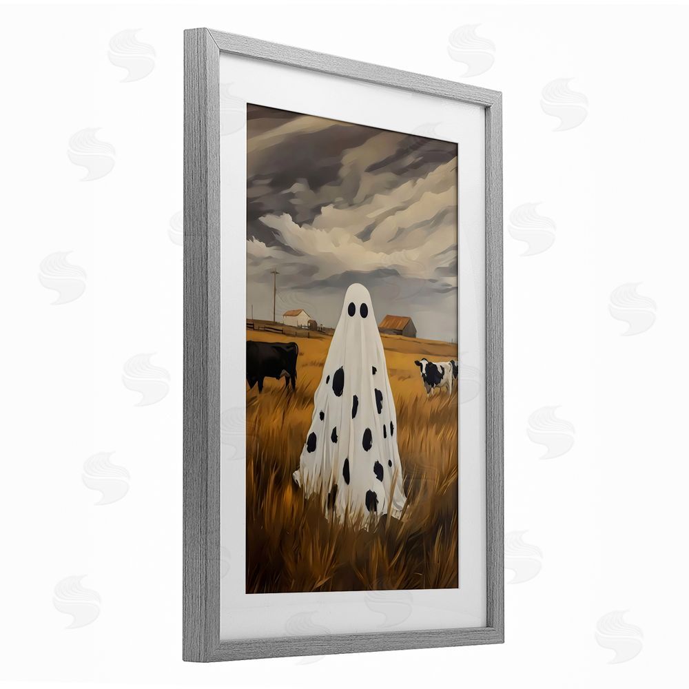 Arlington Prints Cow Ghost in Farmland Gray Framed Print Under Glass with White Mat Wall Art