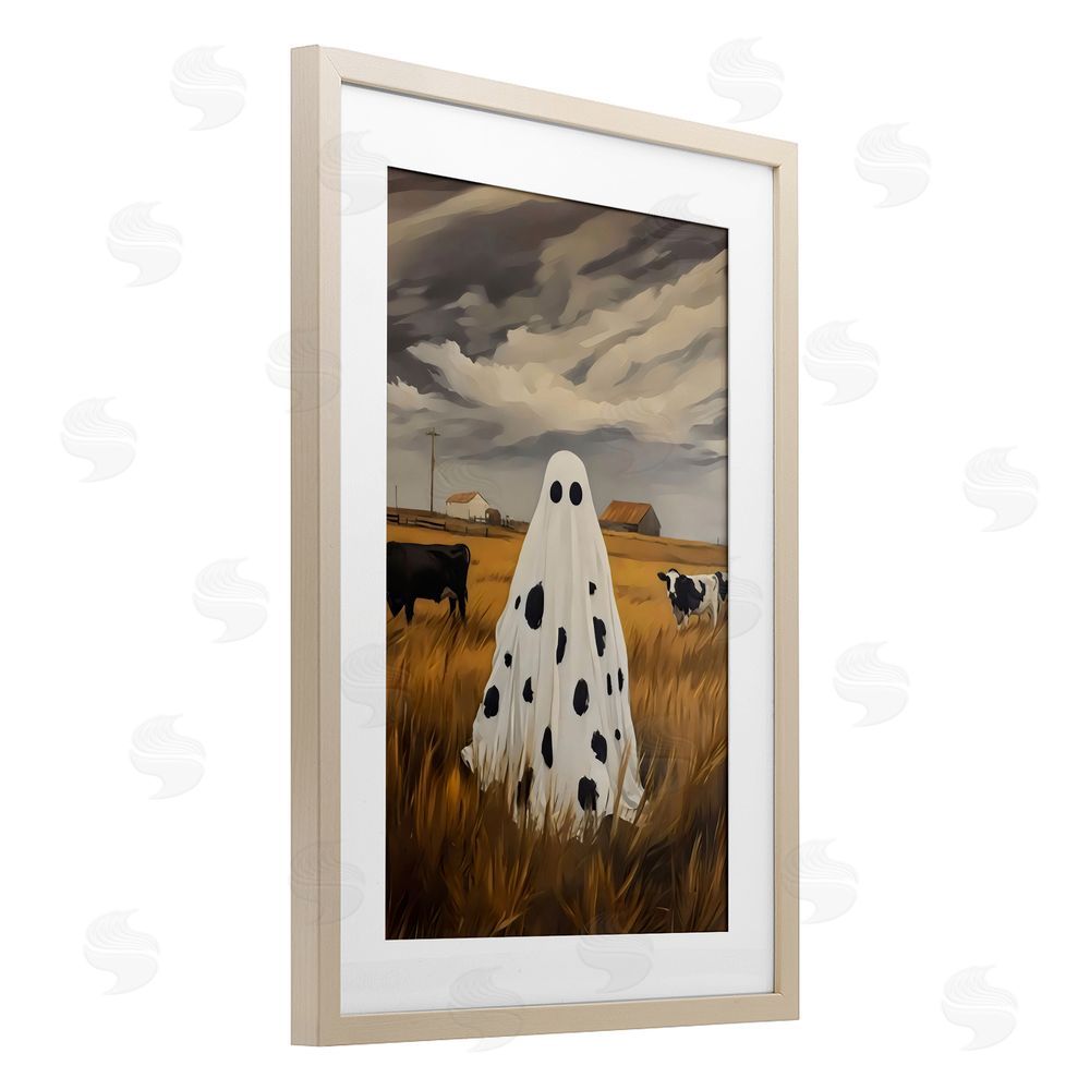 Arlington Prints Cow Ghost in Farmland Birch Framed Print Under Glass with White Mat Wall Art