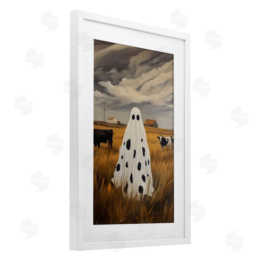 Arlington Prints Cow Ghost in Farmland White Framed Print Under Glass with Mat Wall Art