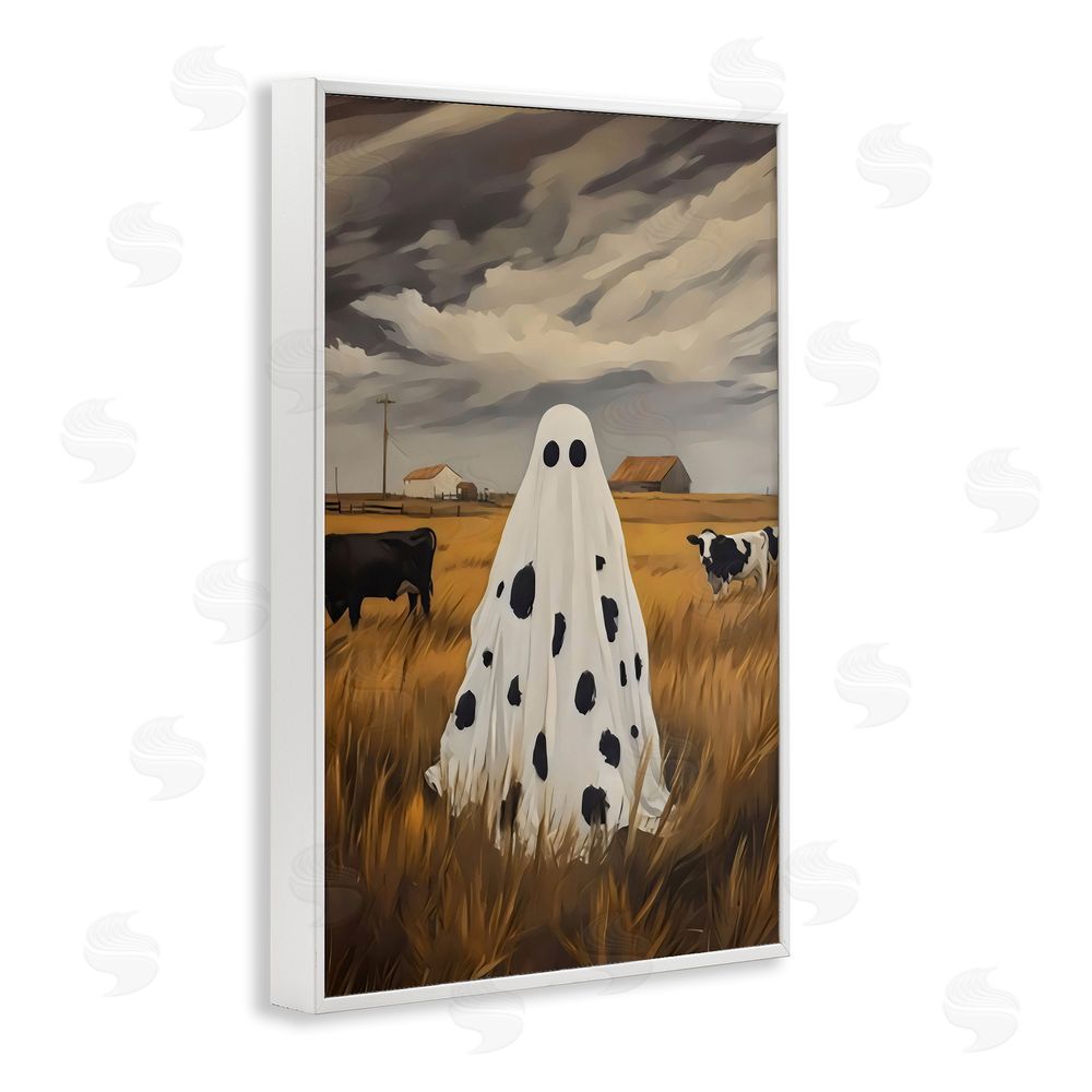 Arlington Prints Cow Ghost in Farmland White Framed Giclee Wall Art Print
