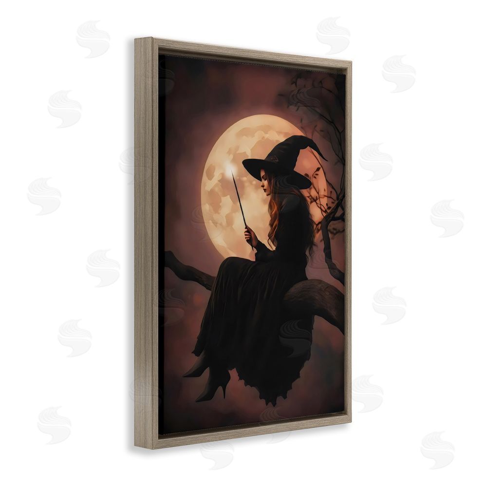Arlington Prints Witch Casting Spell in Moonlight Brown Floating Frame Canvas Wall Art Print