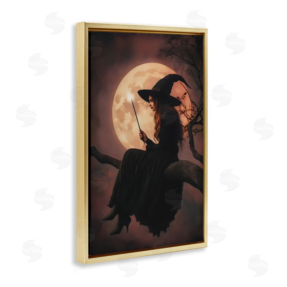 Arlington Prints Witch Casting Spell in Moonlight Gold Floating Frame Canvas Wall Art Print