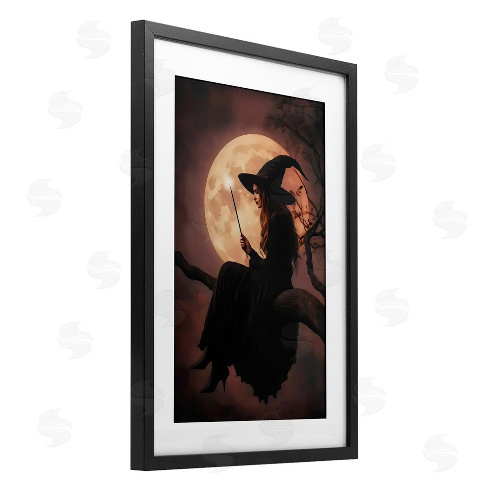 Arlington Prints Witch Casting Spell in Moonlight Black Framed Print Under Glass with White Mat Wall Art