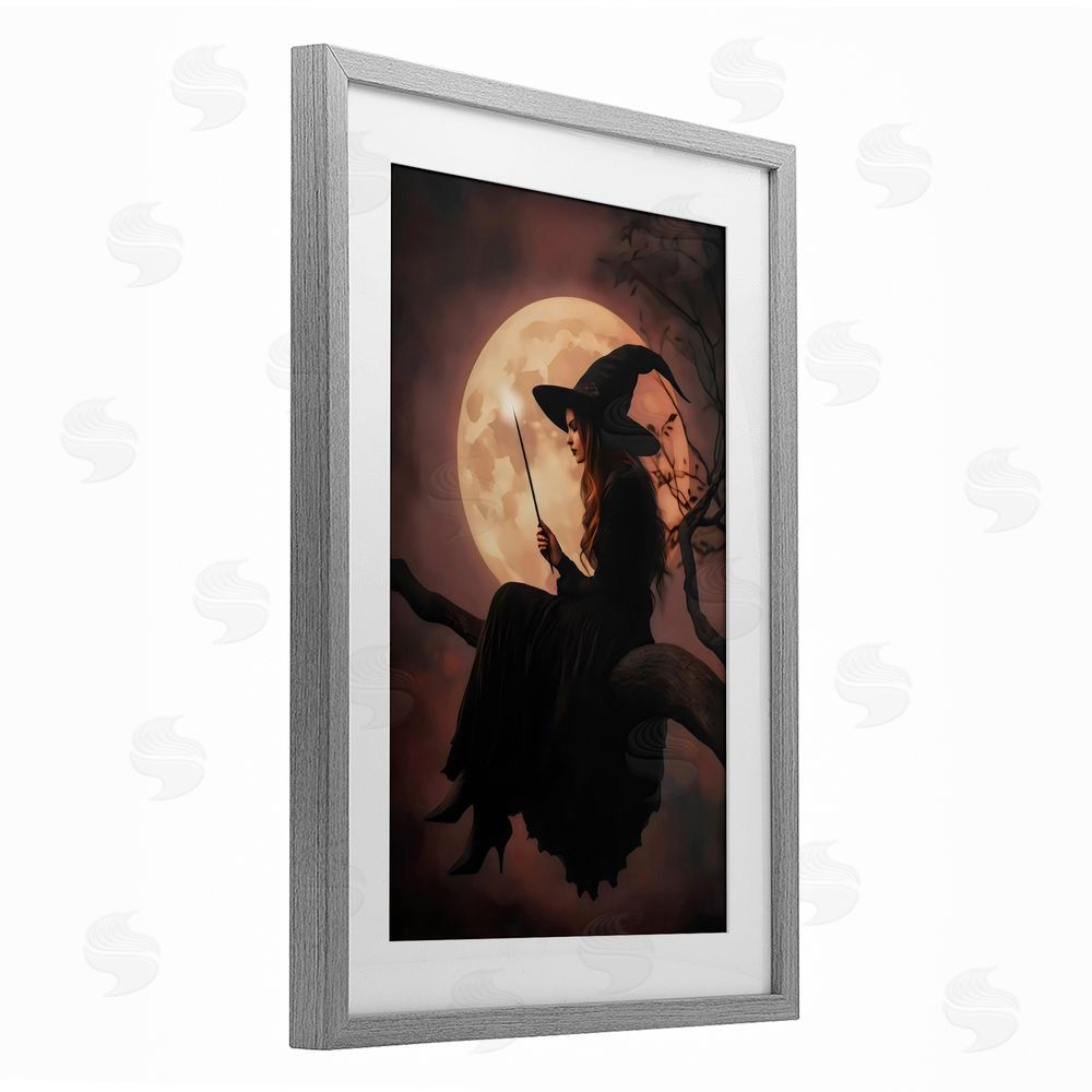 Arlington Prints Witch Casting Spell in Moonlight Gray Framed Print Under Glass with White Mat Wall Art