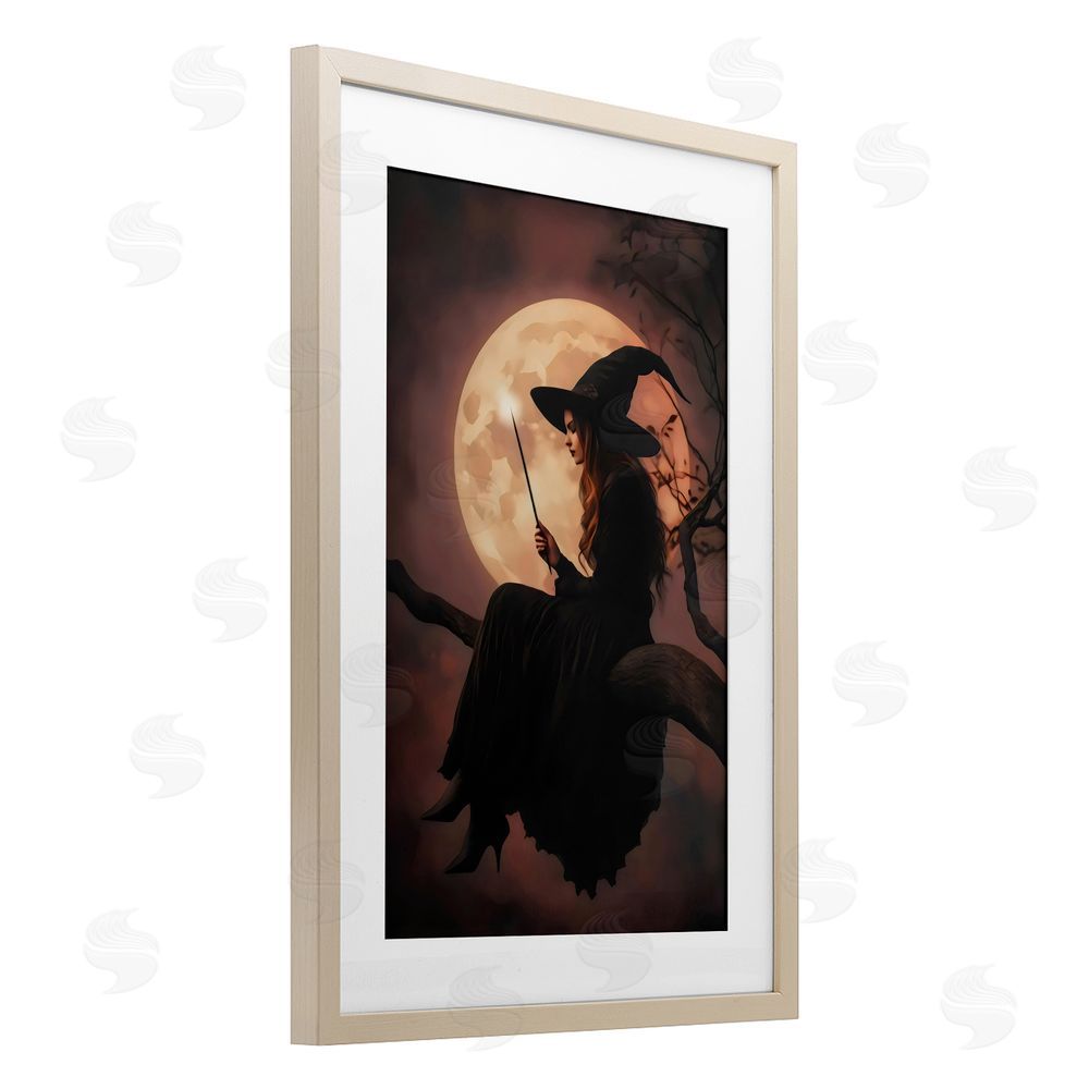 Arlington Prints Witch Casting Spell in Moonlight Birch Framed Print Under Glass with White Mat Wall Art