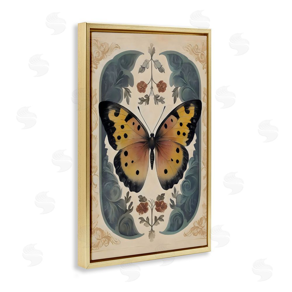 Arlington Prints Vintage Farmhouse Butterfly Symmetry Gold Floating Frame Canvas Wall Art Print