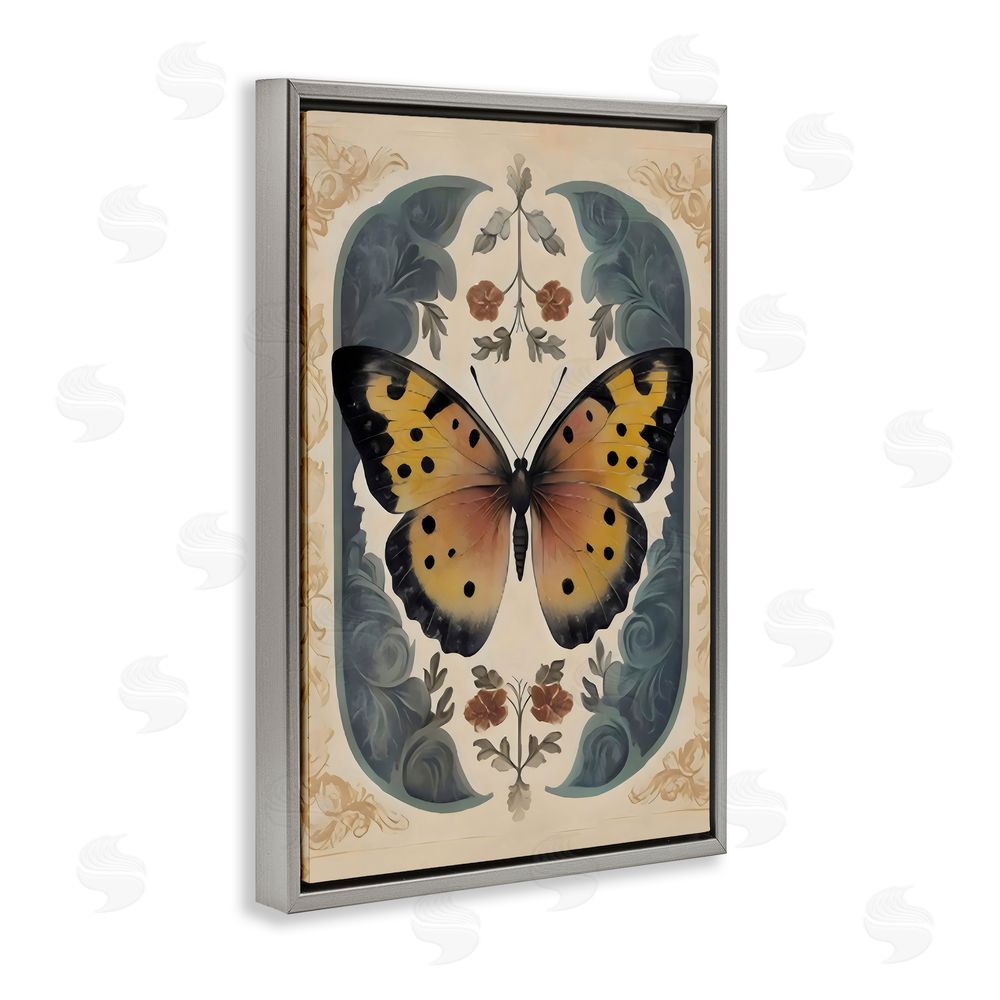 Arlington Prints Vintage Farmhouse Butterfly Symmetry Gray Floating Frame Canvas Wall Art Print
