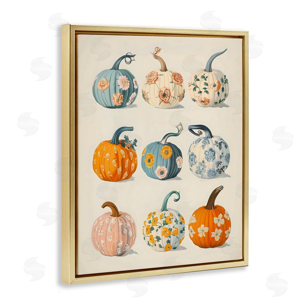 Arlington Prints Patterned Pumpkins Assortment Gold Floating Frame Canvas Wall Art Print