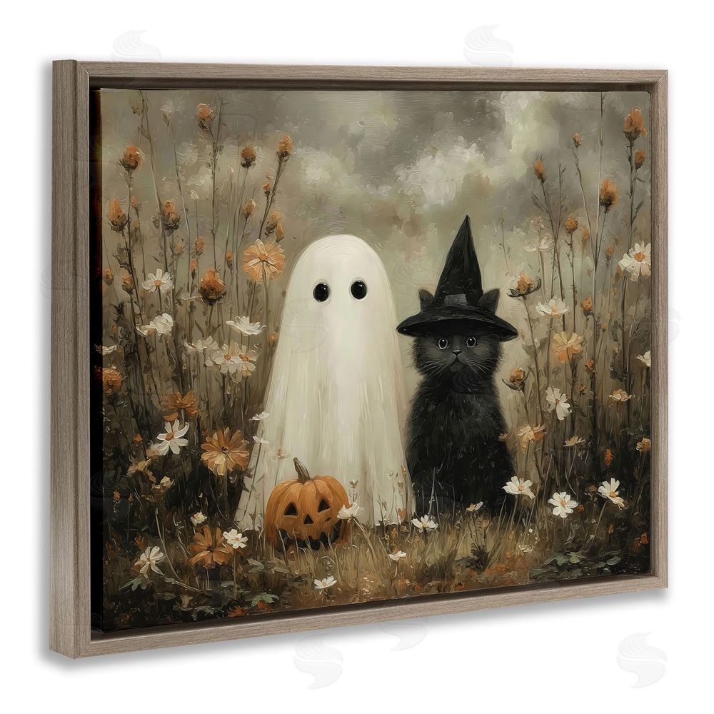 Arlington Prints Ghost and Black Cat Brown Floating Frame Canvas Wall Art Print