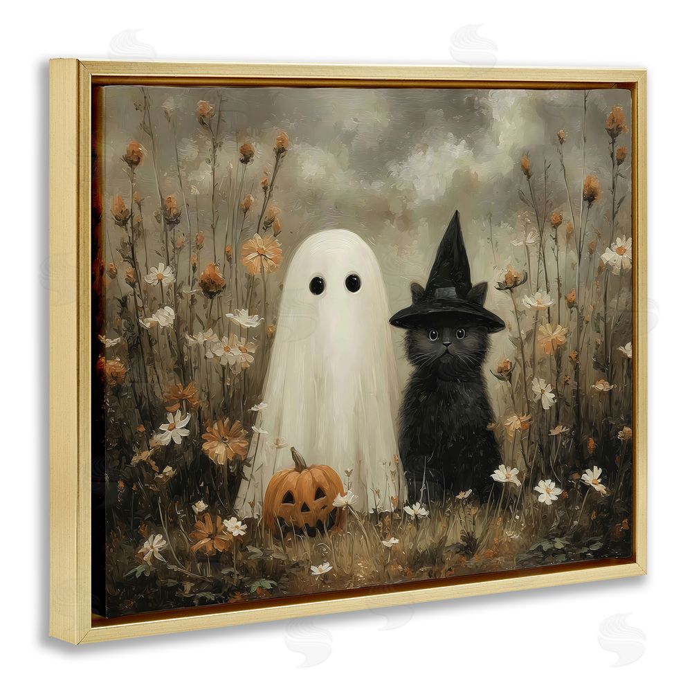 Arlington Prints Ghost and Black Cat Gold Floating Frame Canvas Wall Art Print