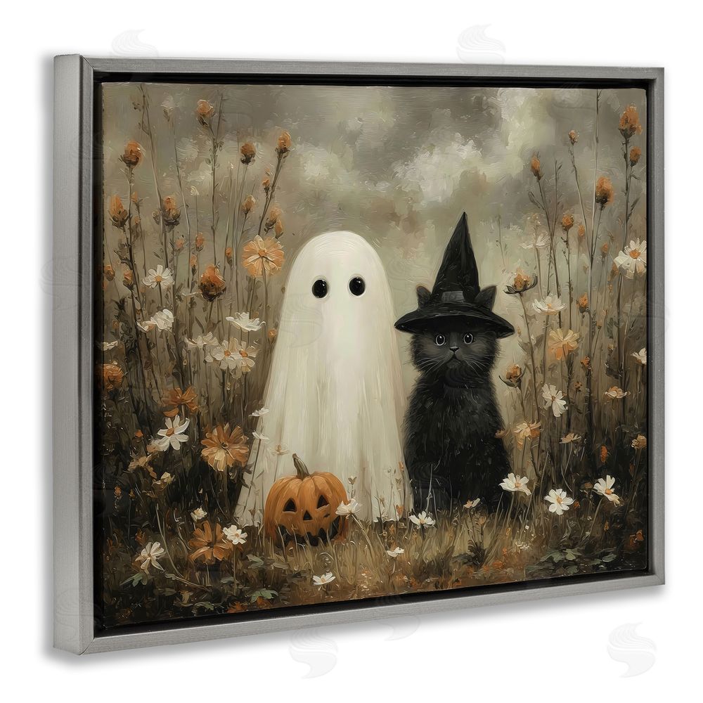 Arlington Prints Ghost and Black Cat Gray Floating Frame Canvas Wall Art Print