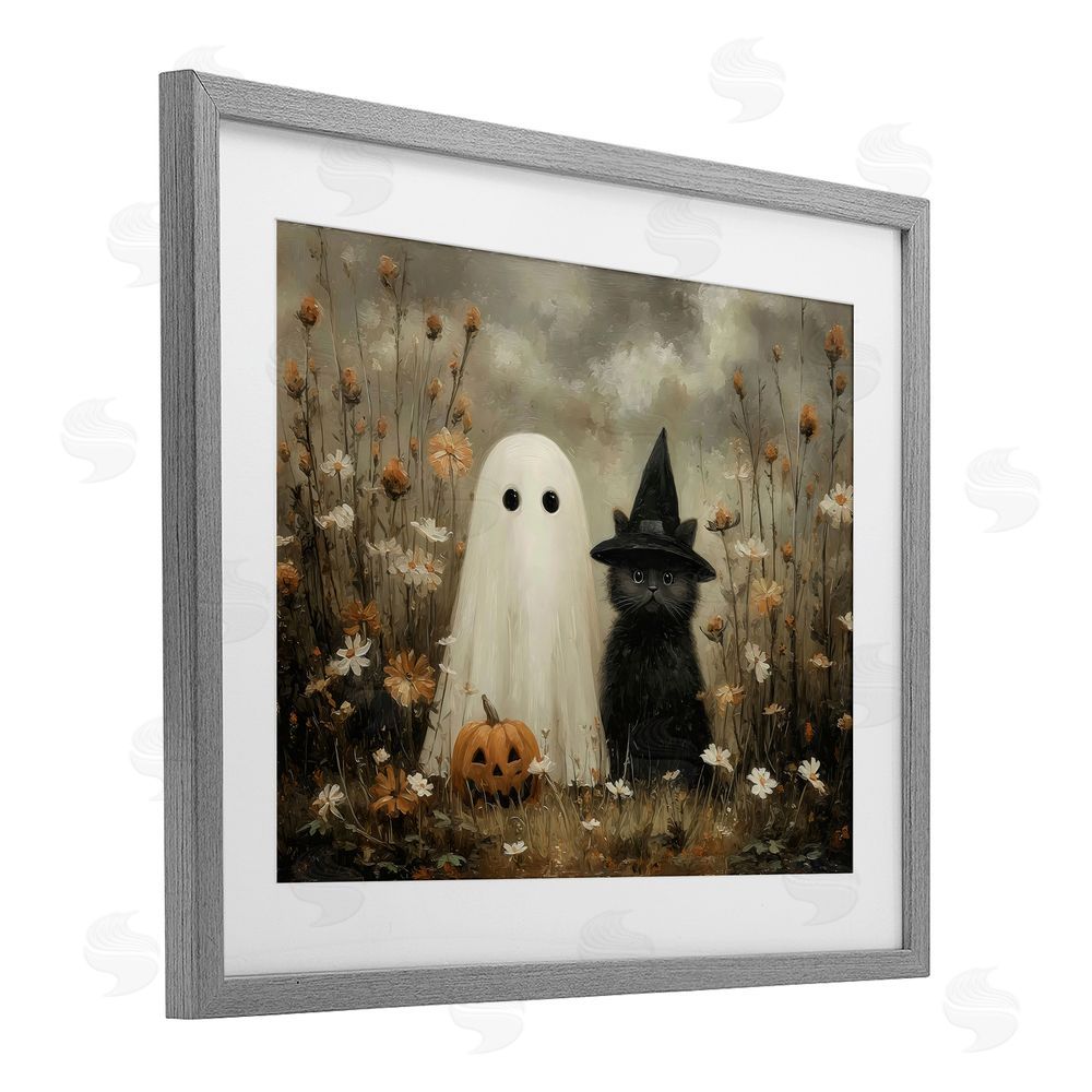 Arlington Prints Ghost and Black Cat Gray Framed Print Under Glass with White Mat Wall Art