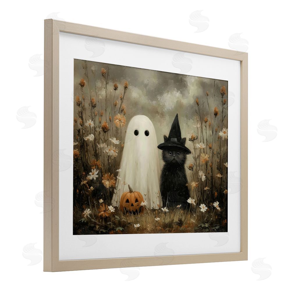 Arlington Prints Ghost and Black Cat Birch Framed Print Under Glass with White Mat Wall Art