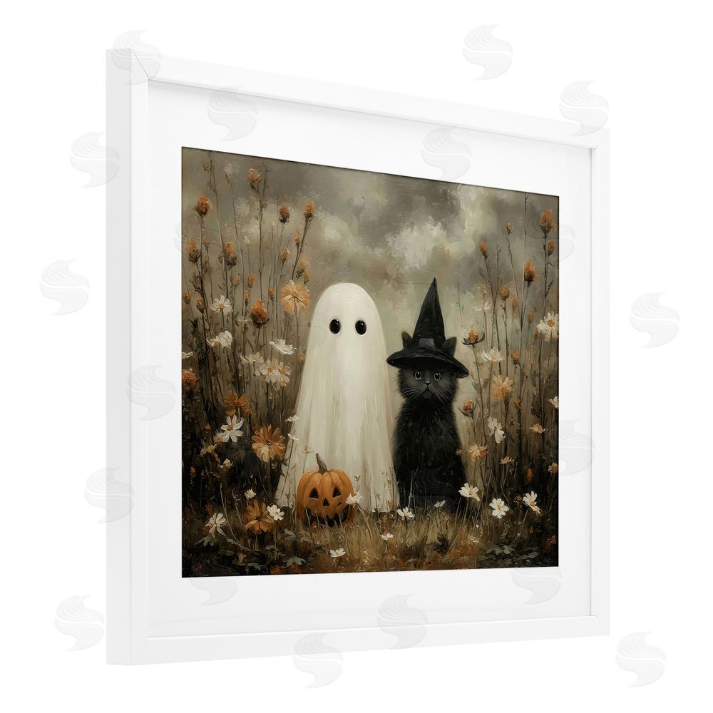 Arlington Prints Ghost and Black Cat White Framed Print Under Glass with Mat Wall Art