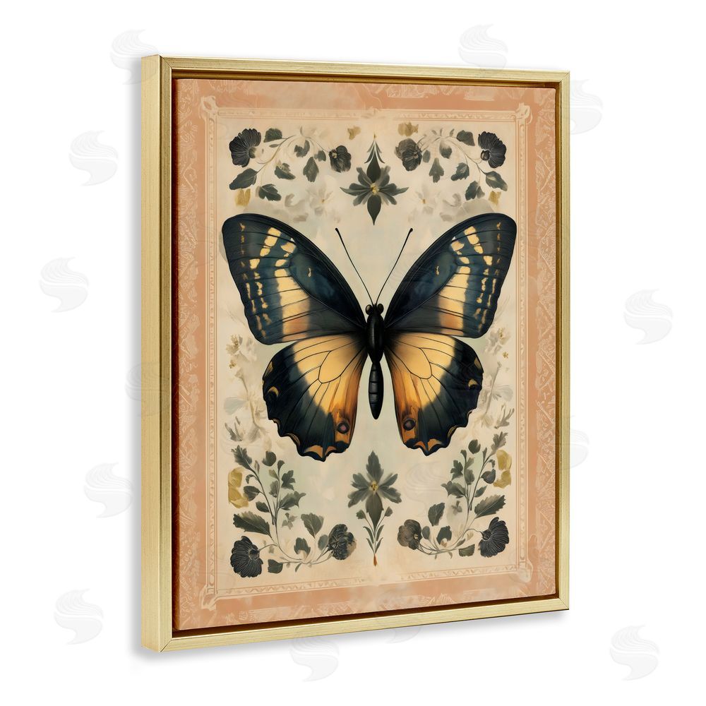 Arlington Prints Vintage Butterfly Botanical Illustration Gold Floating Framed Canvas Wall Art Print