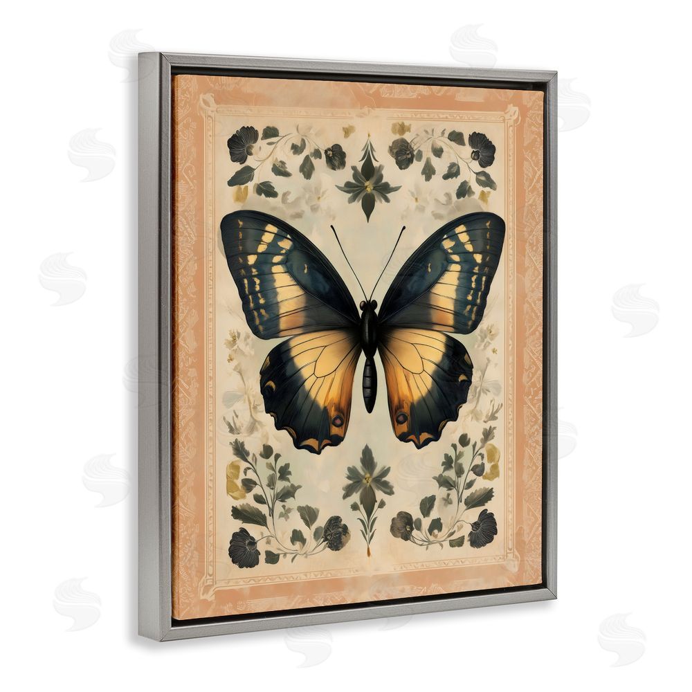 Arlington Prints Vintage Butterfly Botanical Illustration Gray Floating Framed Canvas Wall Art Print