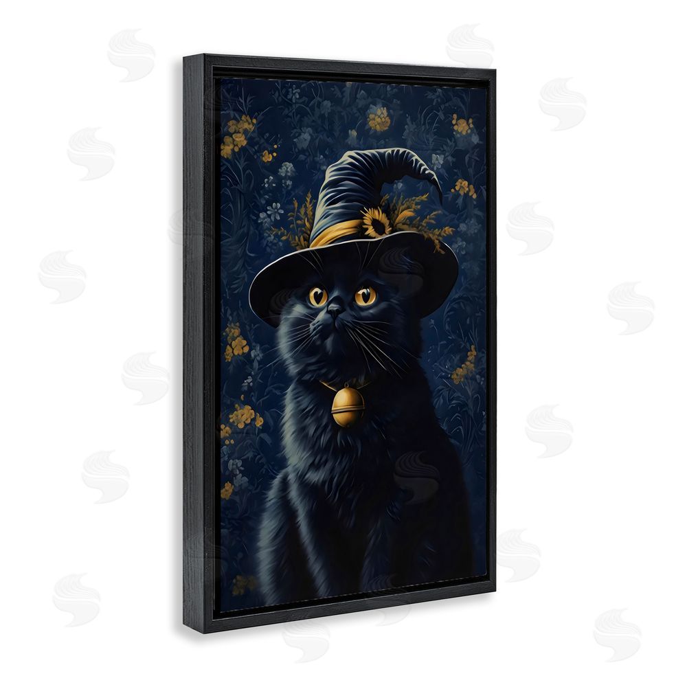 Arlington Prints Mystical Blue Witch Cat Black Floating Frame Canvas Wall Art Print