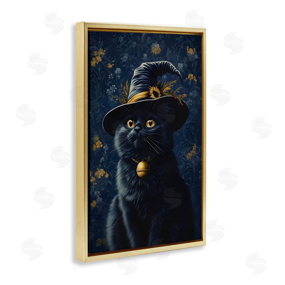 Arlington Prints Mystical Blue Witch Cat Gold Floating Frame Canvas Wall Art Print