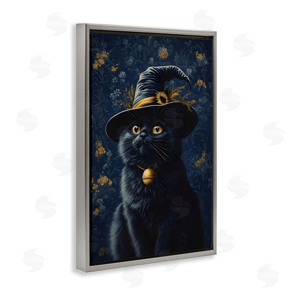 Arlington Prints Mystical Blue Witch Cat Gray Floating Frame Canvas Wall Art Print