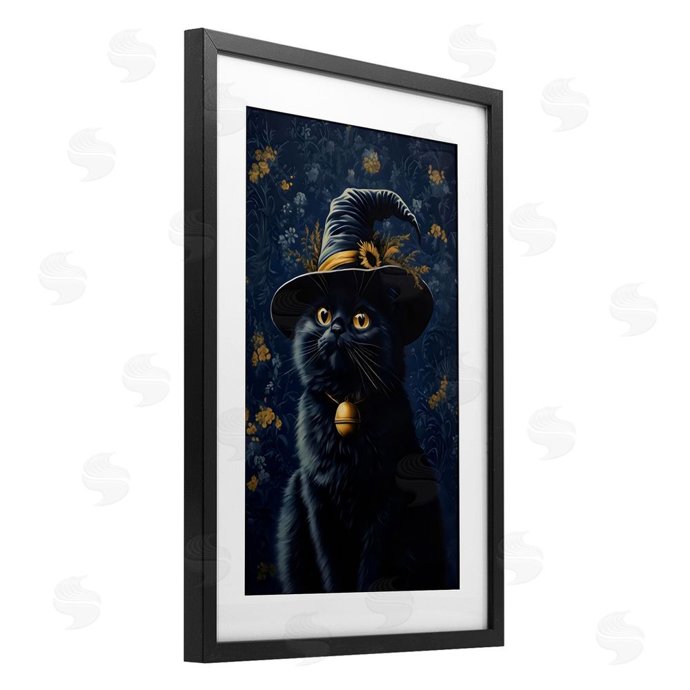 Arlington Prints Mystical Blue Witch Cat Black Framed Print Under Glass with White Mat Wall Art